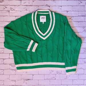 aerie Green Cable-Knit V-Neck Sweater with White Stripe Trim